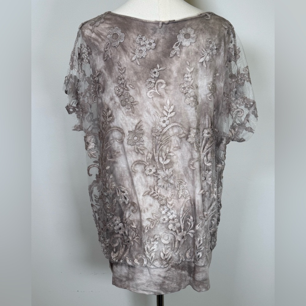 Angela Mara Sheer Floral Appliqué Top Soft Fabric Made In Italy Women’s Large - Picture 5 of 13